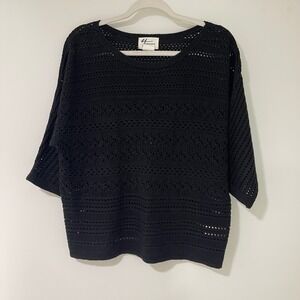 Andrea Jovine Crochet Knit Sweater Womens Medium Black 3/4 Sleeve | Boho Chic